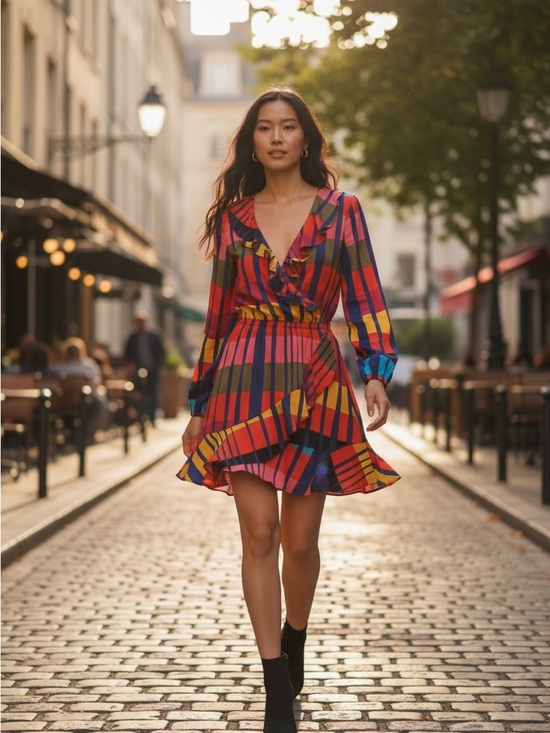Express Dresses & Skirts - Express Multicolor Geometric Ruffle Wrap Mini Dress Medium